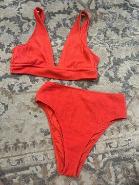 Red Textured Two-Piece Bikini Set